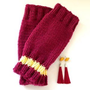 Handmade Maroon and Gold Fingerless Mittens with Matching Earrings